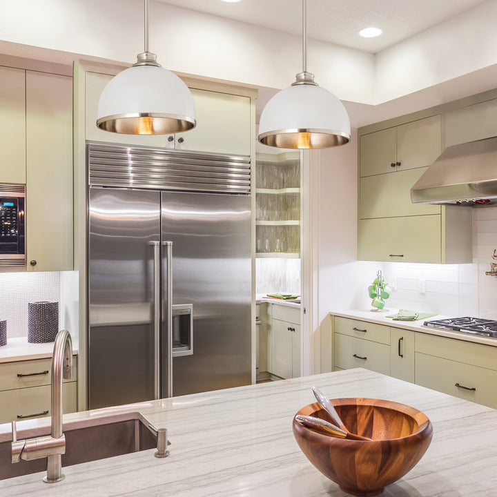 Landry One Light Pendant in Matte White + Brushed Nickel - available from The Lighting Shoppe, trusted by Canadian homeowners