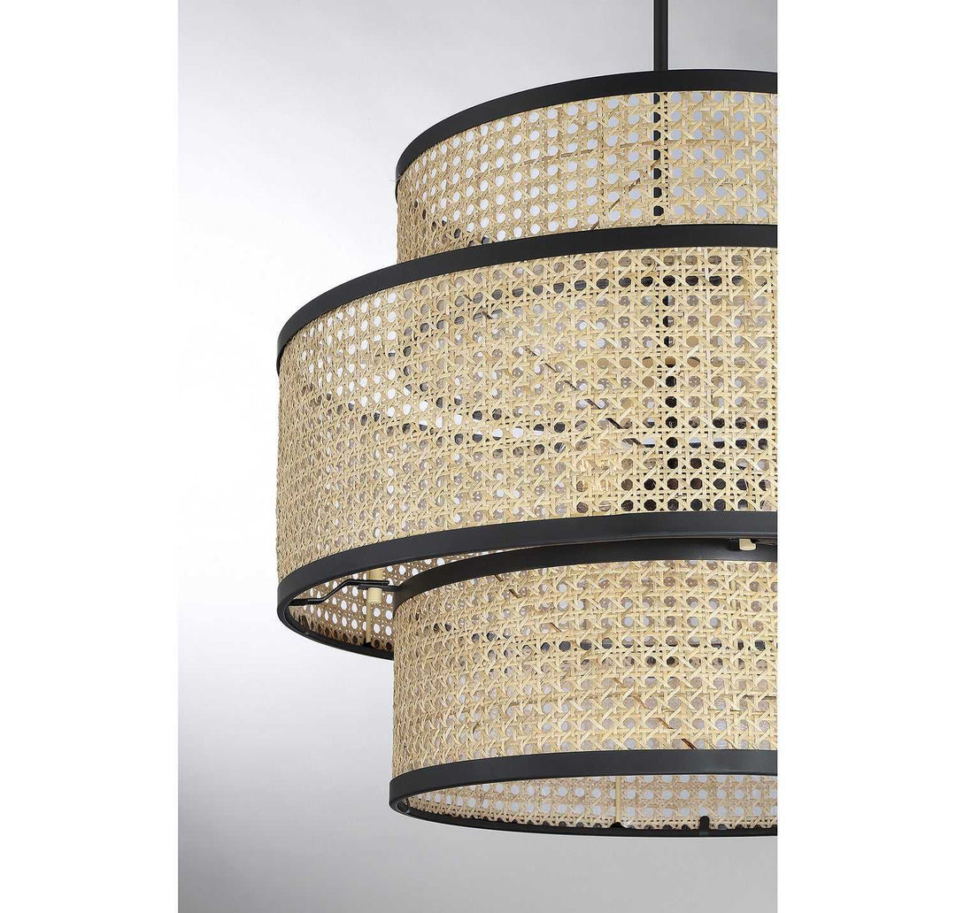 Meridian - M7016MBK - Three Light Pendant - Natural Cane with Matte Black
