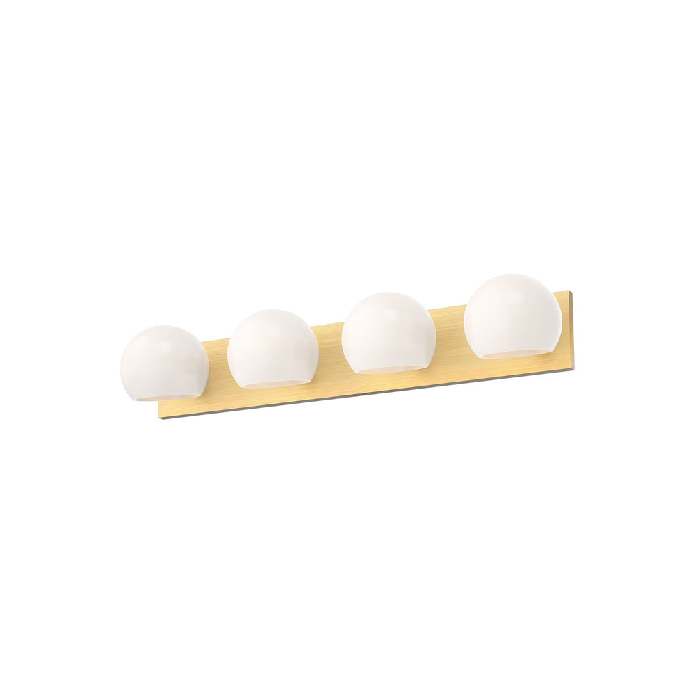 Willow Four Light Bathroom Fixtures in Brushed Gold/Opal Matte Glass Alora Canada
