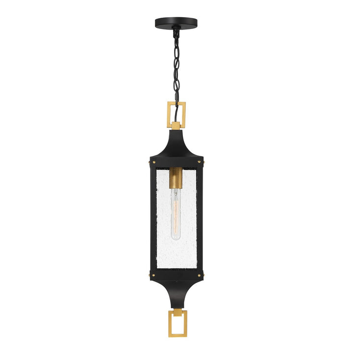 Glendale One Light Outdoor Hanging Lantern in Matte Black and Weathered Brushed Brass Savoy House
