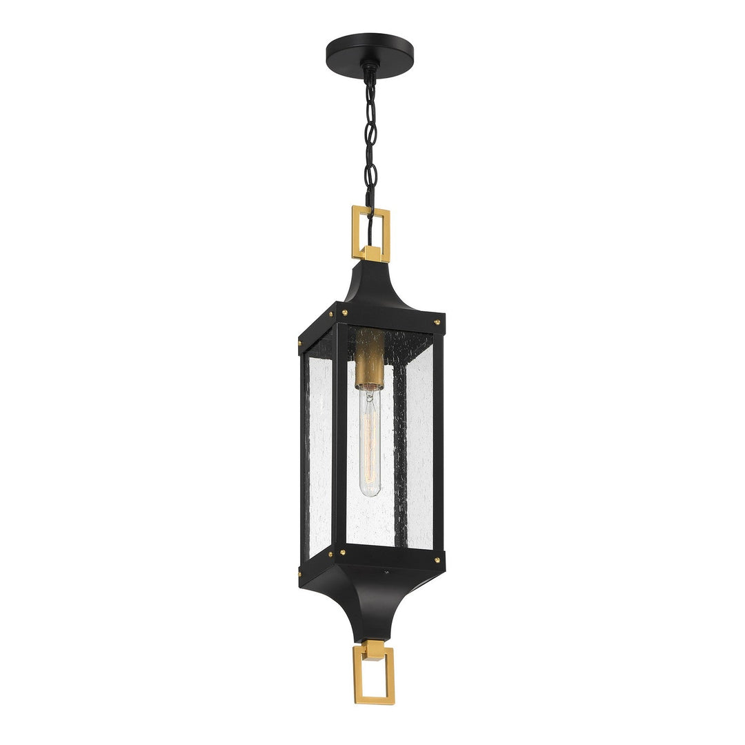 Glendale One Light Outdoor Hanging Lantern in Matte Black and Weathered Brushed Brass Savoy House