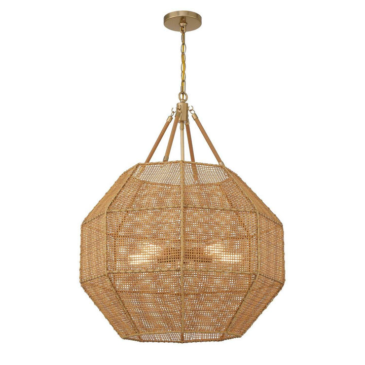 Selby Five Light Pendant in Burnished Brass and Rattan Savoy House