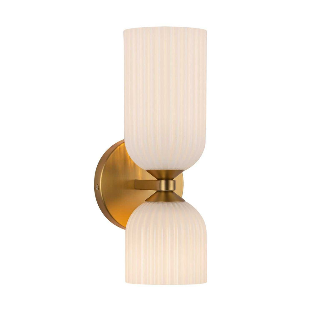 Nelly Two Light Vanity in Brushed Gold/Glossy Ribbed Opal Glass Alora Canada
