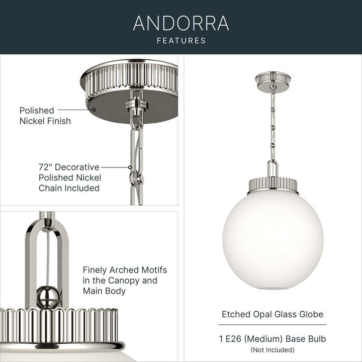 Andorra One Light Pendant in Polished Nickel Kichler Canada