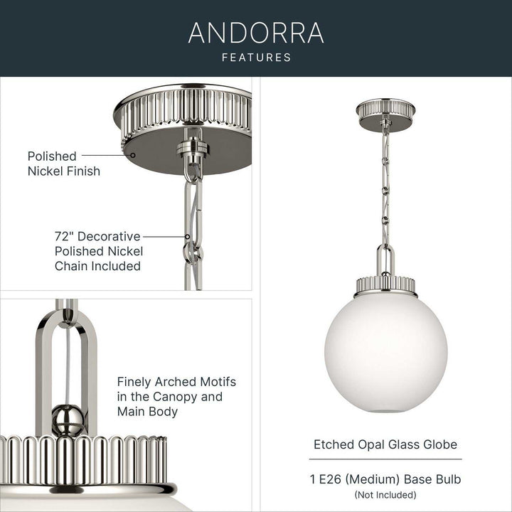Andorra One Light Pendant in Polished Nickel Kichler Canada