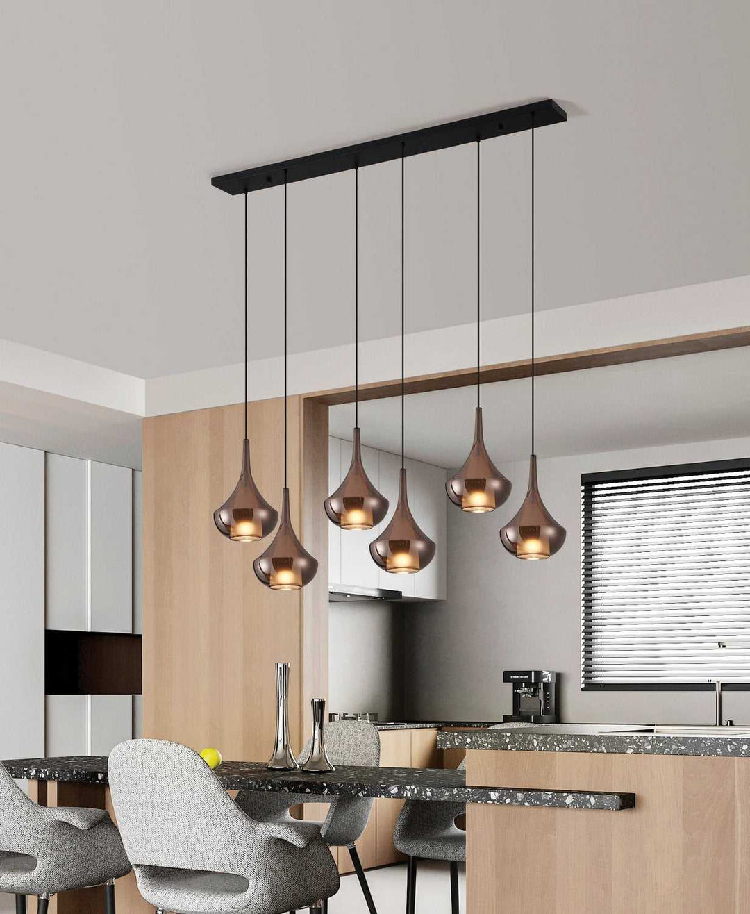 Almoster Six Light Pendant in Black, Copper Smoked Eglo Canada