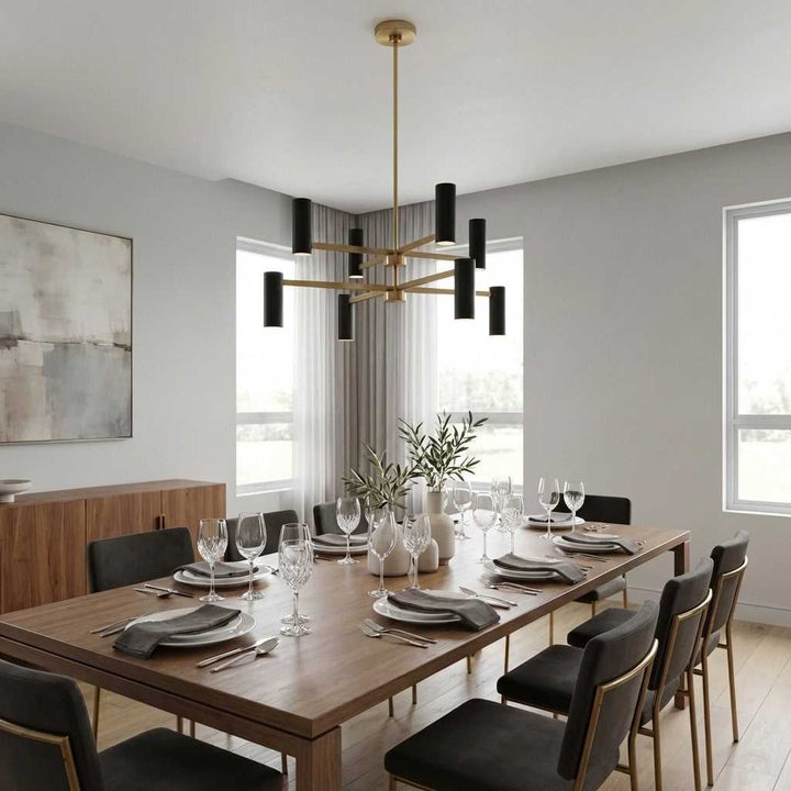 Zentro Eight Light Chandelier in Satin Brass Generation Lighting Canada
