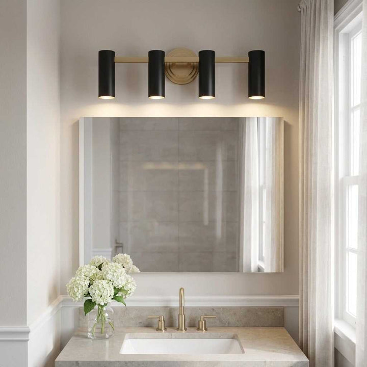 Zentro Four Light Vanity in Satin Brass Generation Lighting Canada