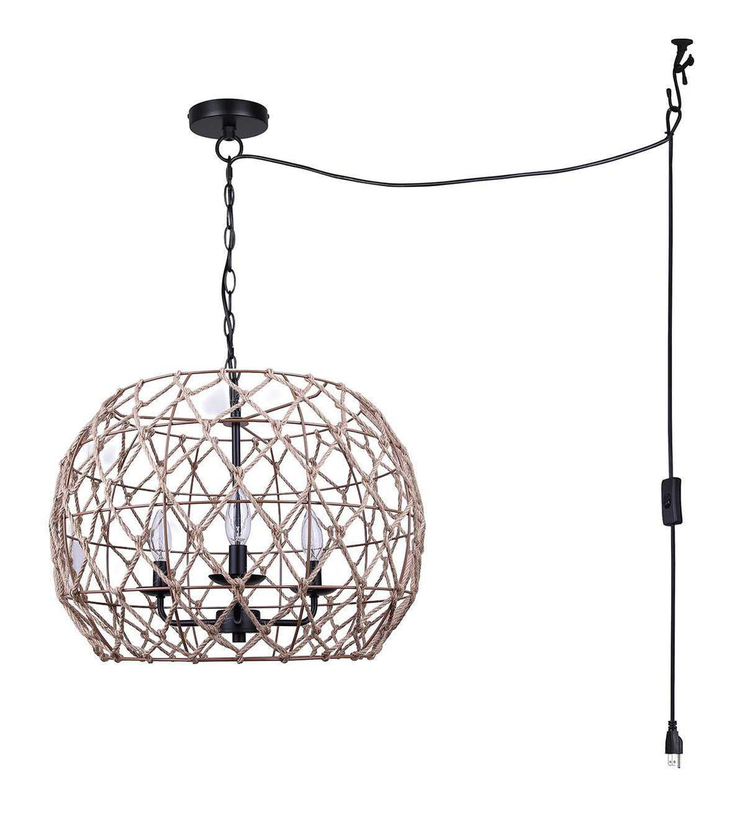 Hora-Marron Three Light Pendant in Matte Black + Rope Canarm Canada