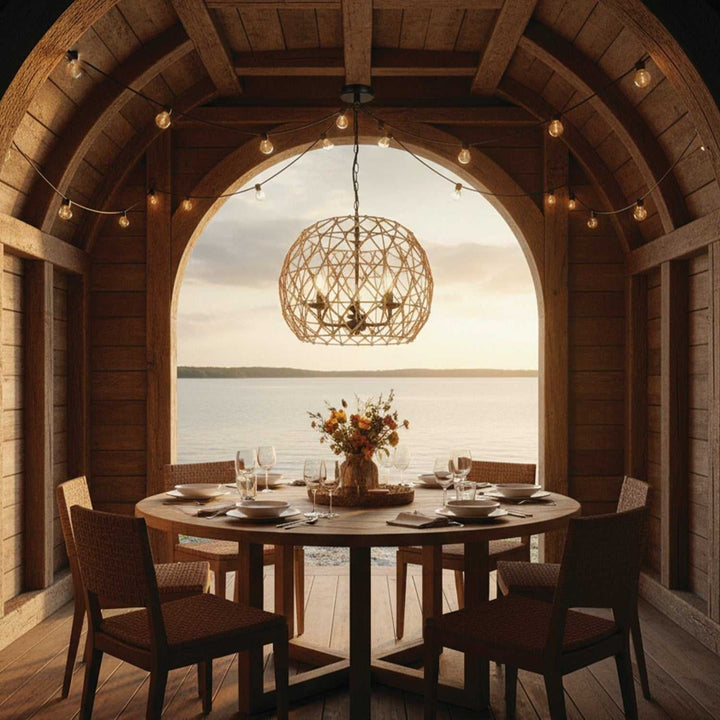 Hora-Marron Three Light Pendant in Matte Black + Rope Canarm Canada