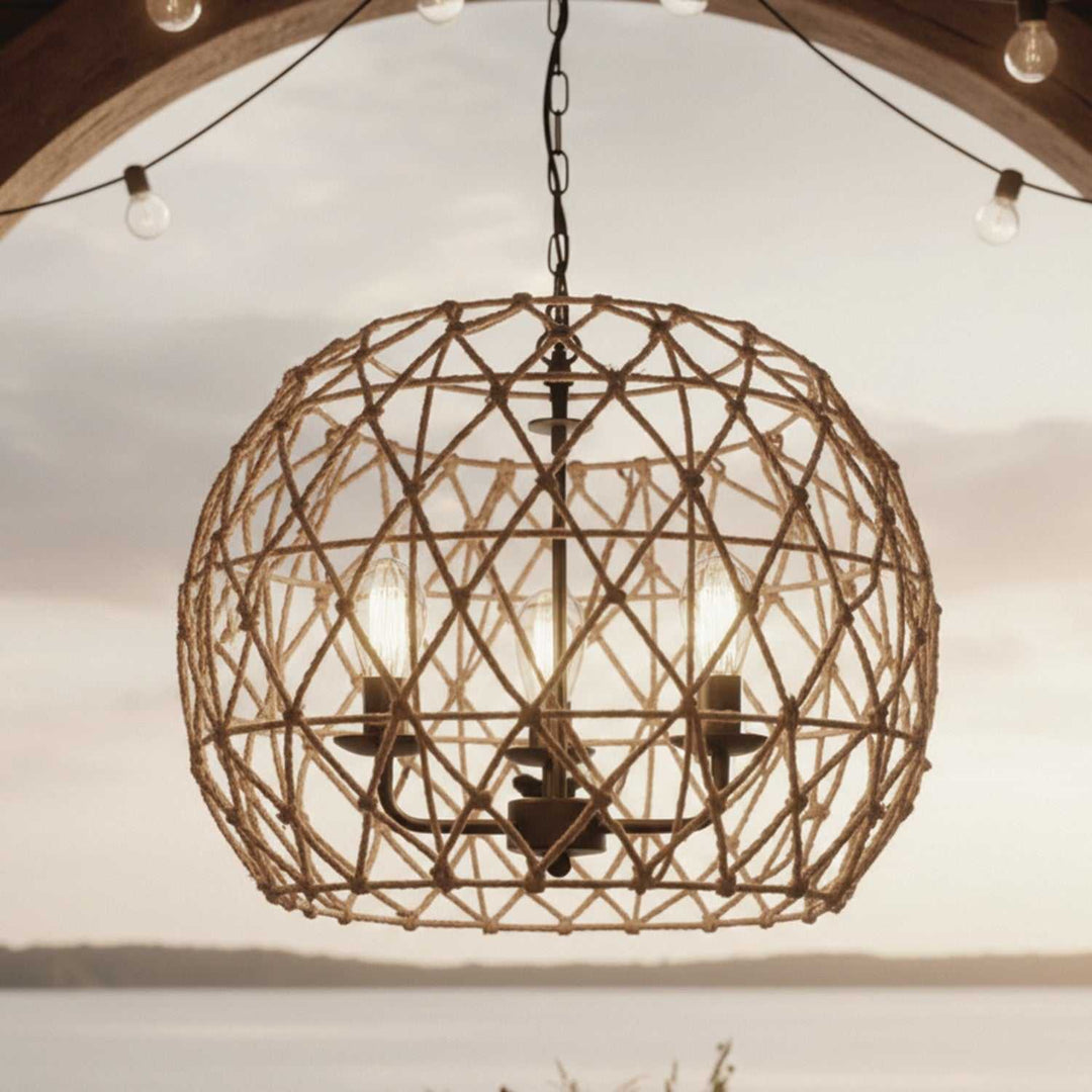 Hora-Marron Three Light Pendant in Matte Black + Rope Canarm Canada