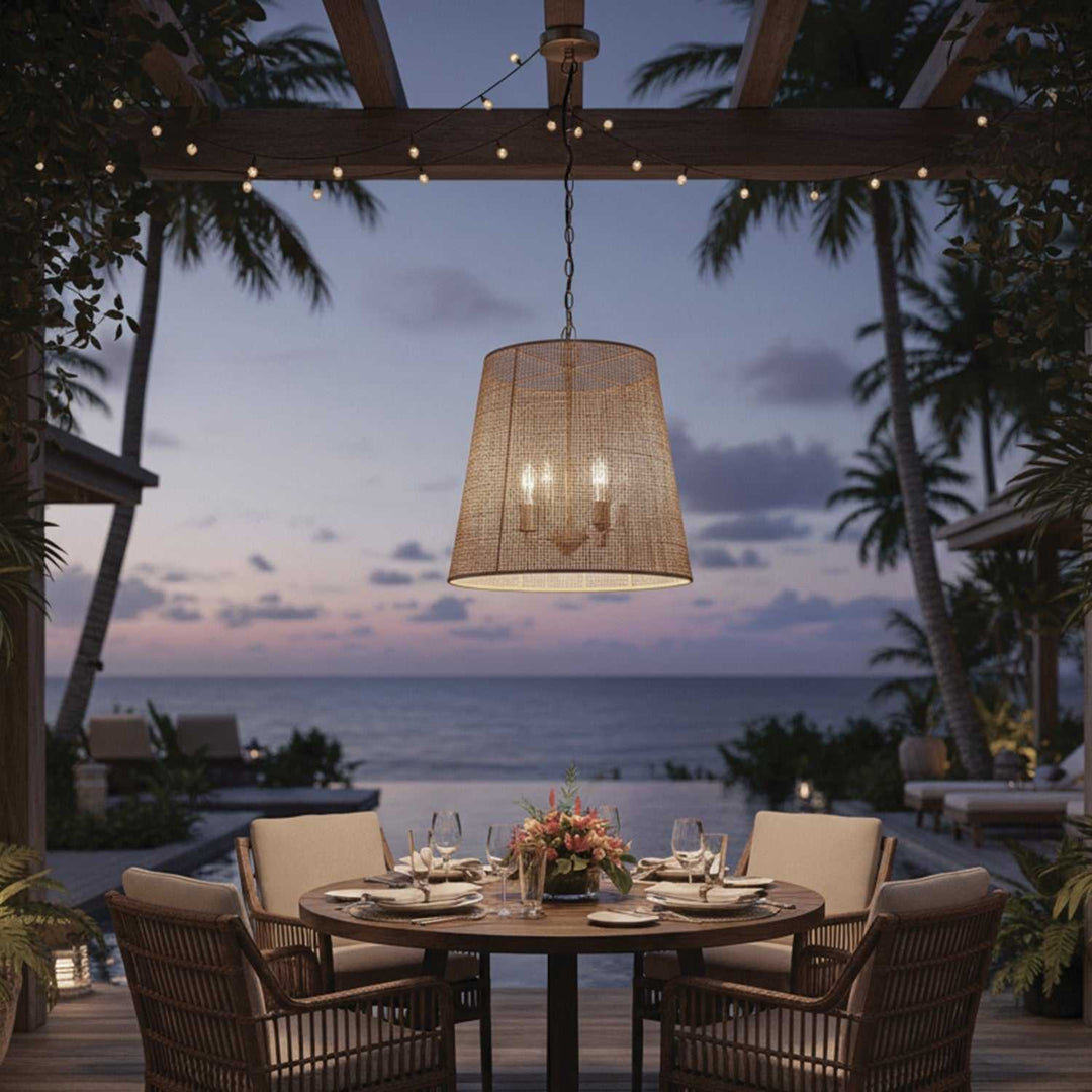 Manille Three Light Pendant in Gold + Natural Rattan Canarm Canada