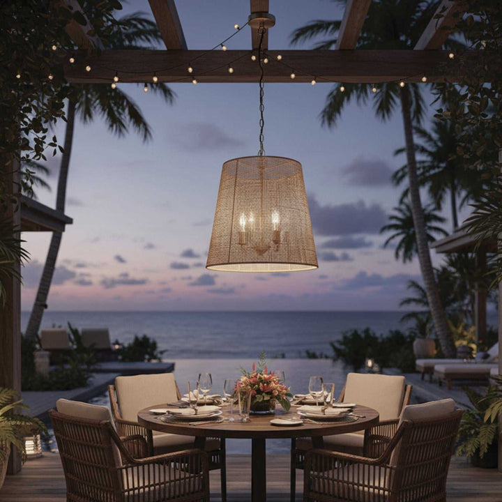 Manille Three Light Pendant in Gold + Natural Rattan Canarm Canada