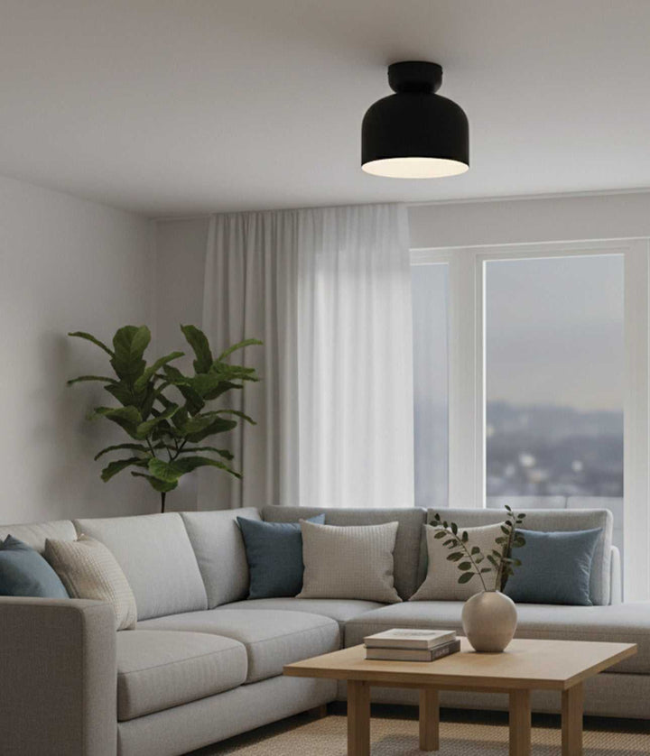 Caleb One Light Flush Mount in Matte Black & Faux Wood Canarm Canada