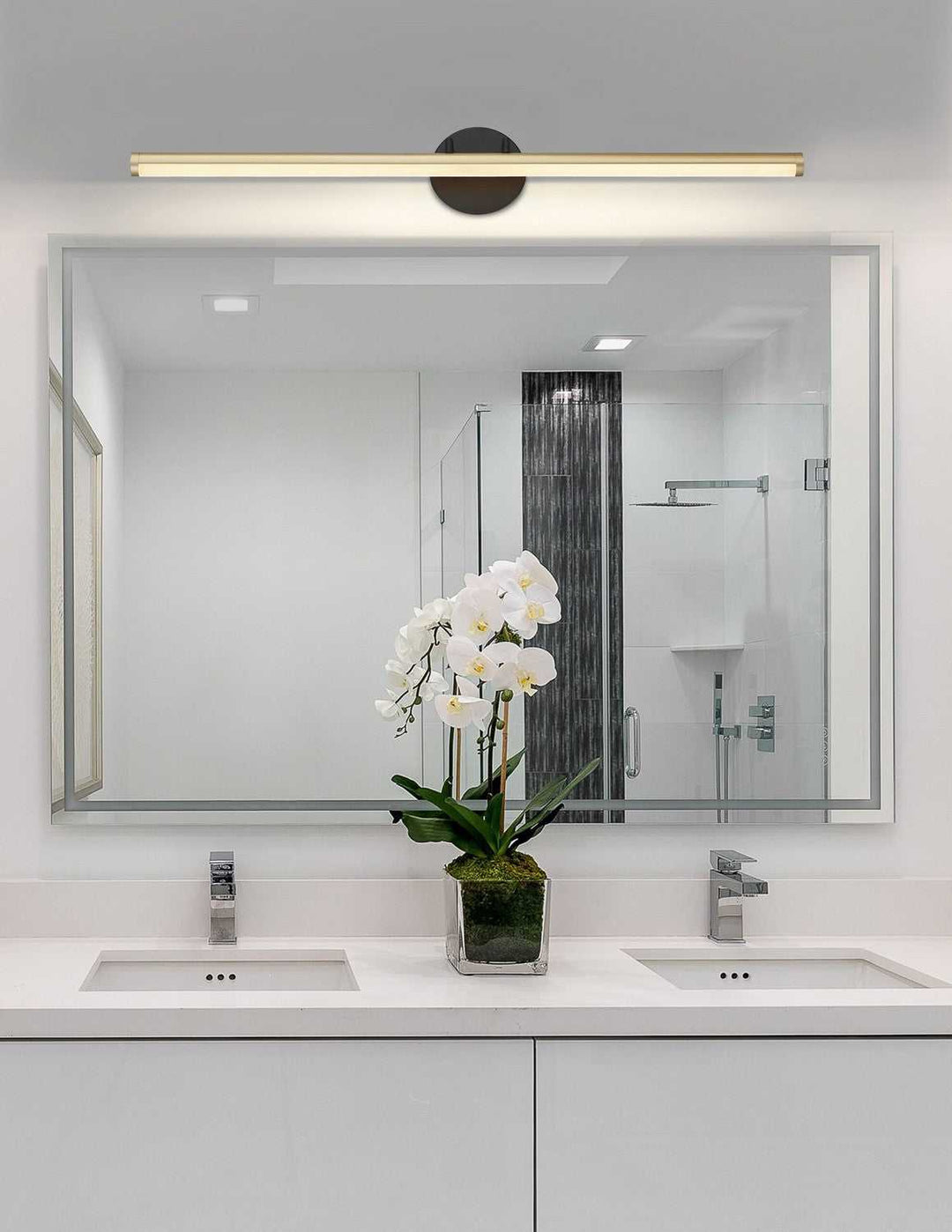 No Shade Material LED Linear Wall/Bath in Matte Black w/ Brass Accents Justice Designs