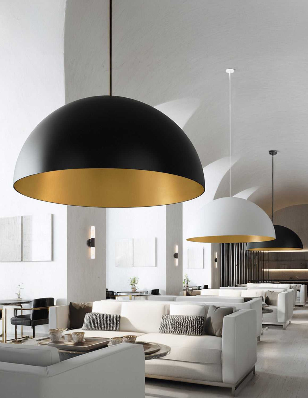 No Shade Material Ten Light Pendant in Matte Black with Champagne Gold Interior Justice Designs