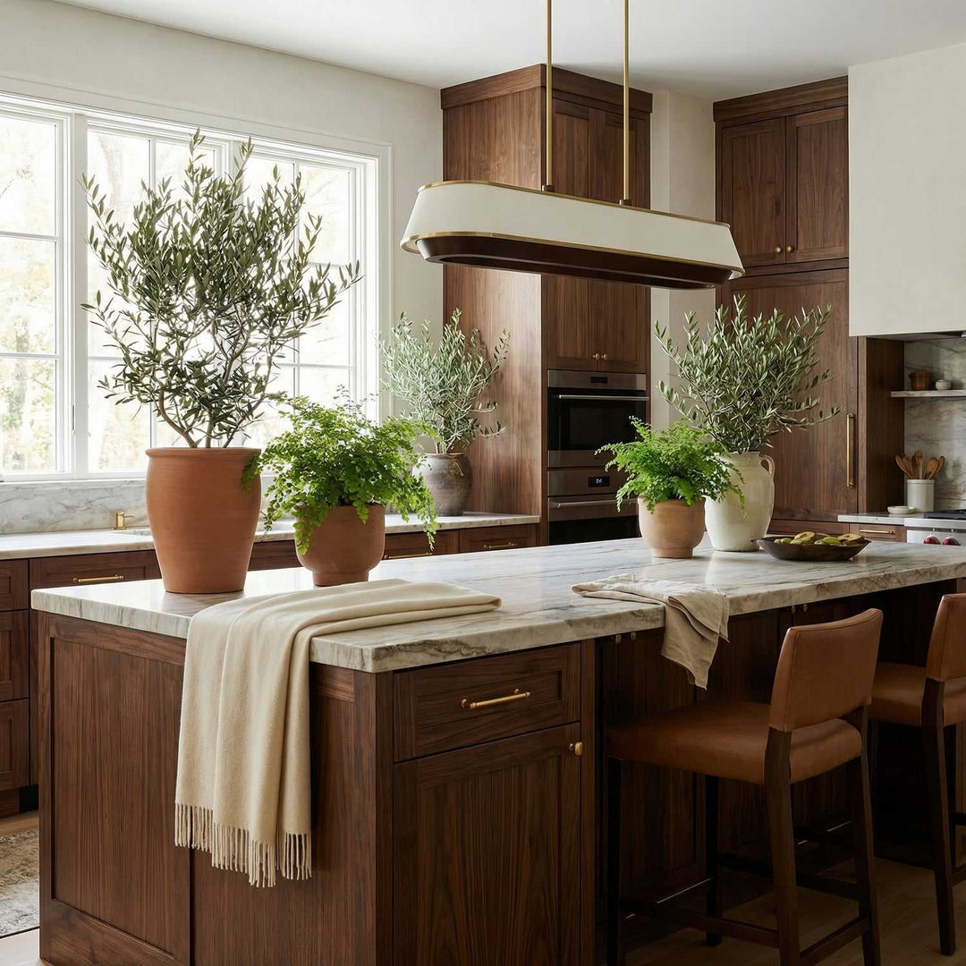 Desert Flyer Six Light Linear Pendant in Satin Brass/Medium Walnut Varaluz