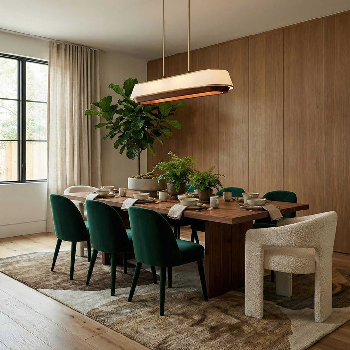 Desert Flyer Six Light Linear Pendant in Satin Brass/Medium Walnut Varaluz