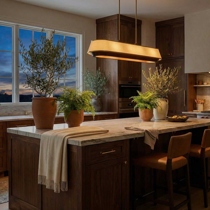 Desert Flyer Six Light Linear Pendant in Satin Brass/Medium Walnut Varaluz
