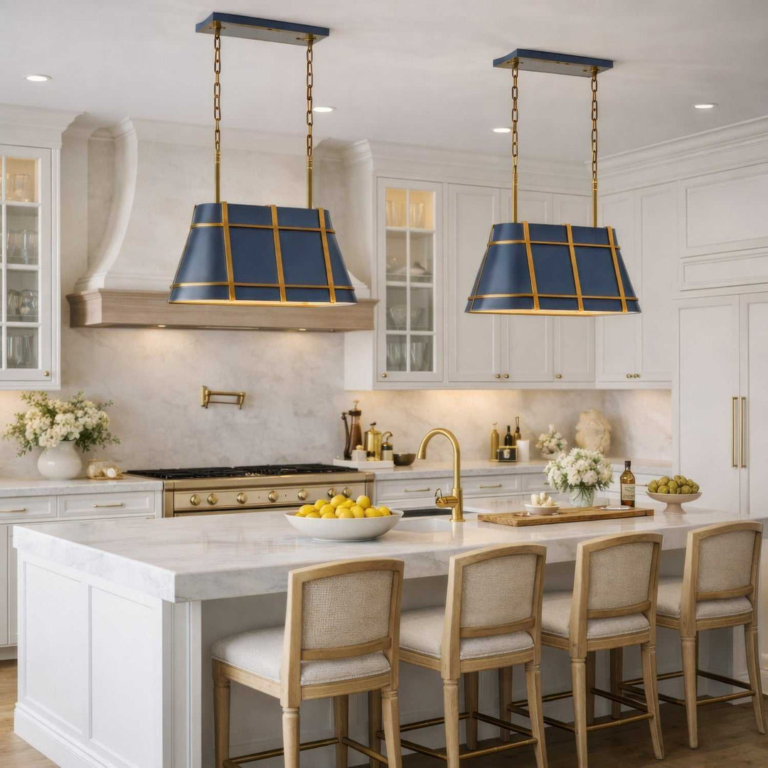 Brasserie Three Light Linear Pendant in French Blue/Heritage Bronze Varaluz