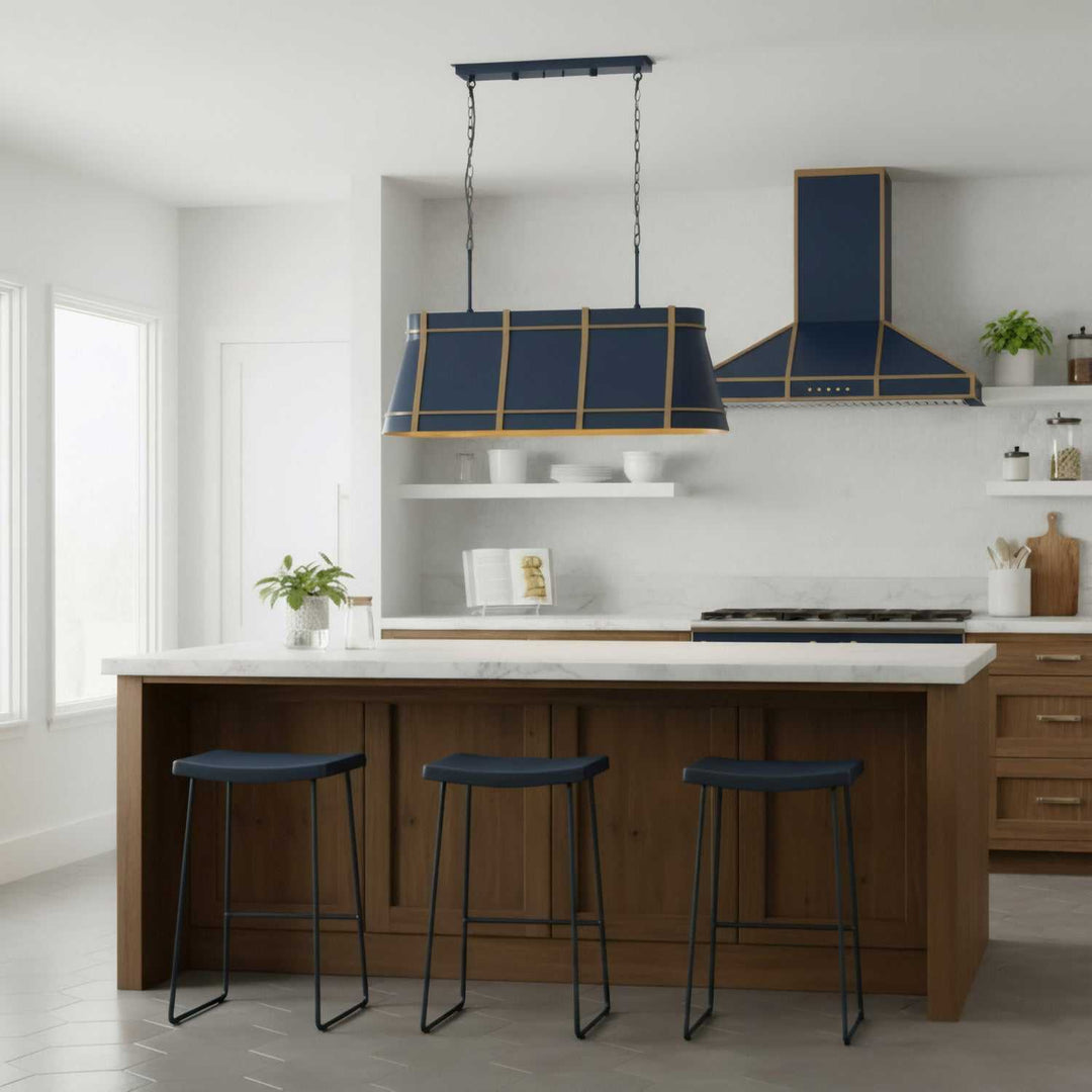 Brasserie Four Light Linear Pendant in French Blue/Heritage Bronze Varaluz