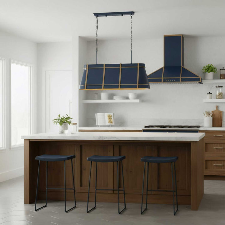 Brasserie Four Light Linear Pendant in French Blue/Heritage Bronze Varaluz