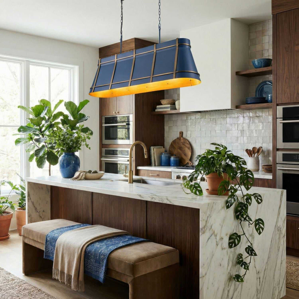Brasserie Five Light Linear Pendant in French Blue/Heritage Bronze Varaluz