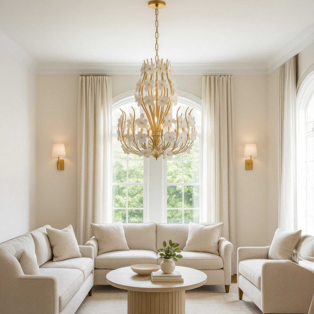Petal Court Nine Light Chandelier in French Gold Varaluz
