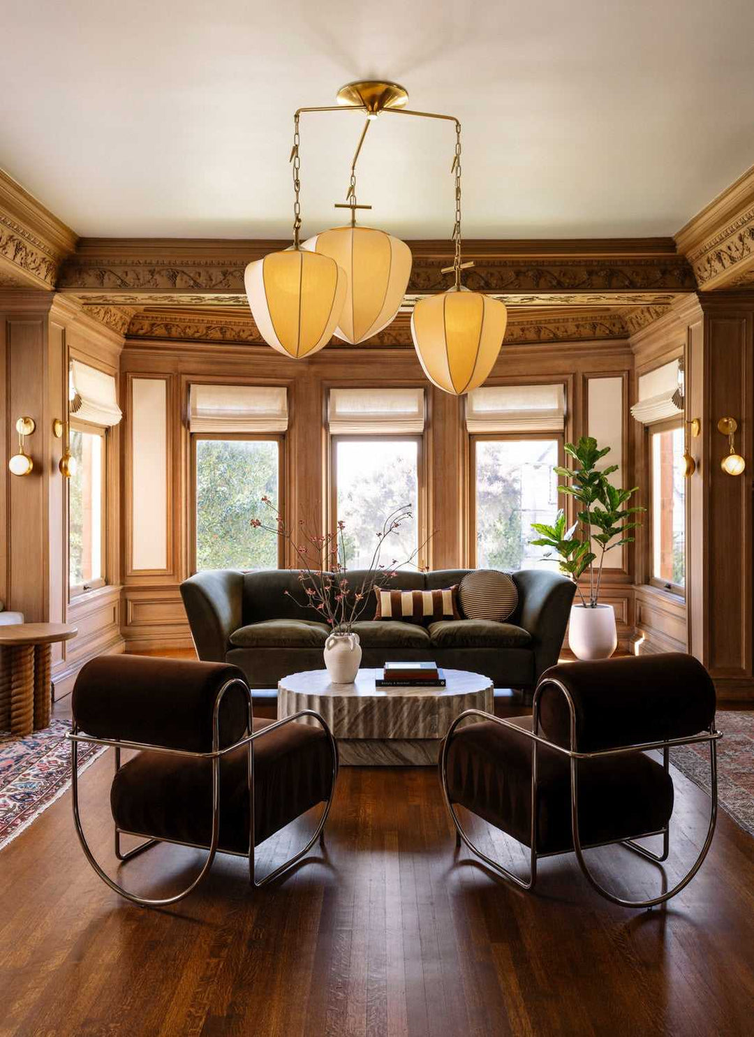 Hoshi Three Light Chandelier in Vintage Brass Corbett Lighting Canada