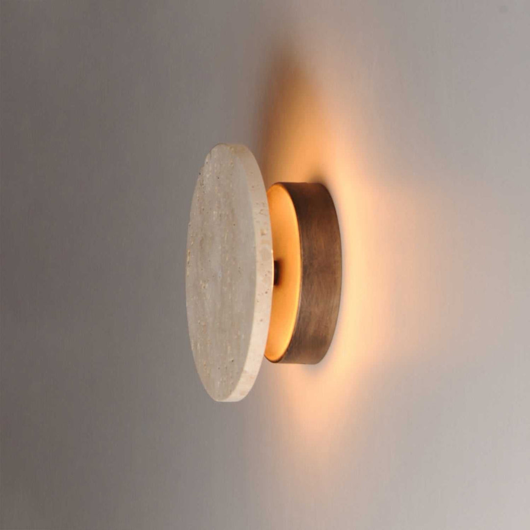 ET2 - E14351-TVANB - LED Wall Sconce - Discus - Travertine / Antique Bronze